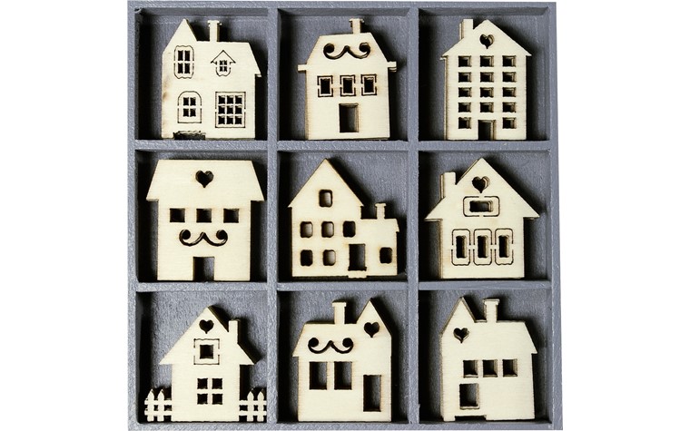 Houten ornamentendoos motief Maison 10,5x10,5cm 45 Stk
