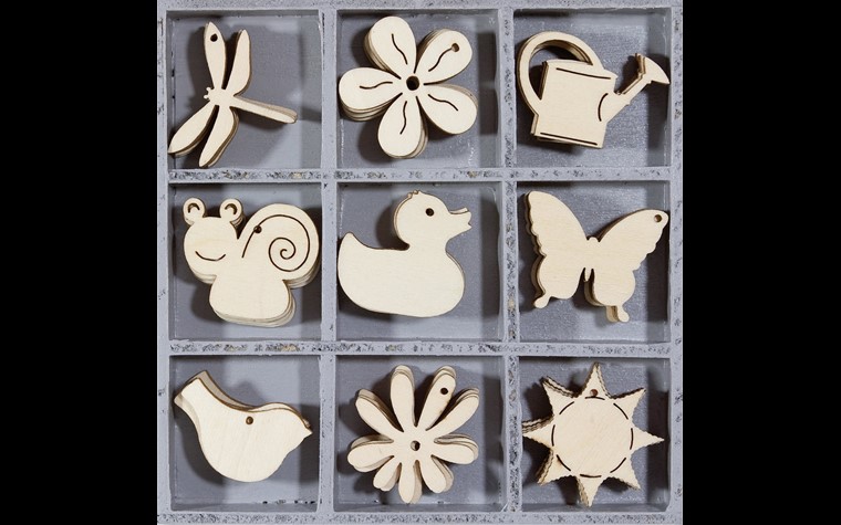 Wooden ornament box motif flowers+animals 10,5x10,5cm 45 pcs