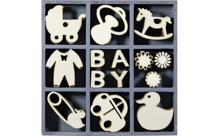 Houten ornamentendoos met babymotief 10,5x10,5cm 45 Stk