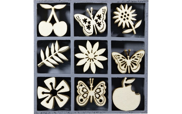 Boîte à ornements en bois motif fruits papillons fleurs 10,5x10,5cm 45 pcs