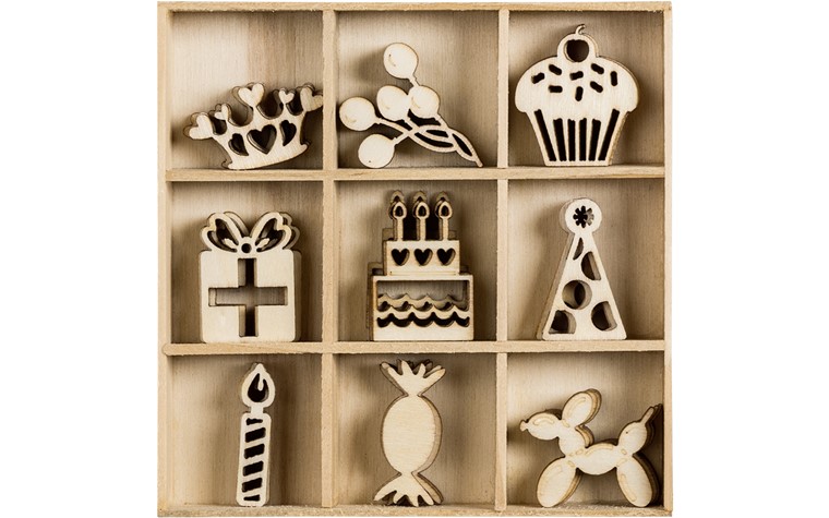Houten ornamentendoos Verjaardag 10,5x10,5cm 45 Stk