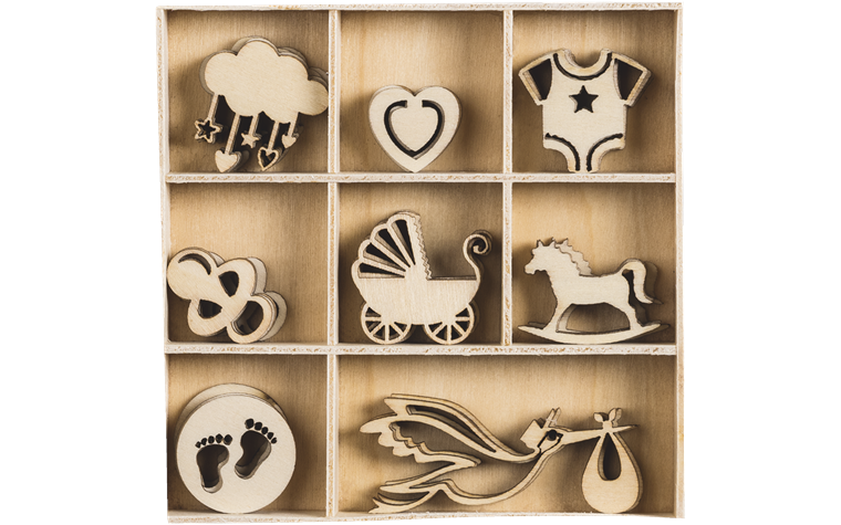 Wooden ornament box Baby 10,5x10,5cm 45 pcs