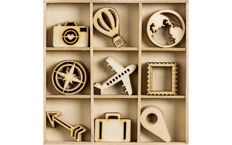 Houten ornamentendoos met reismotief 10,5x10,5cm 45 Stk